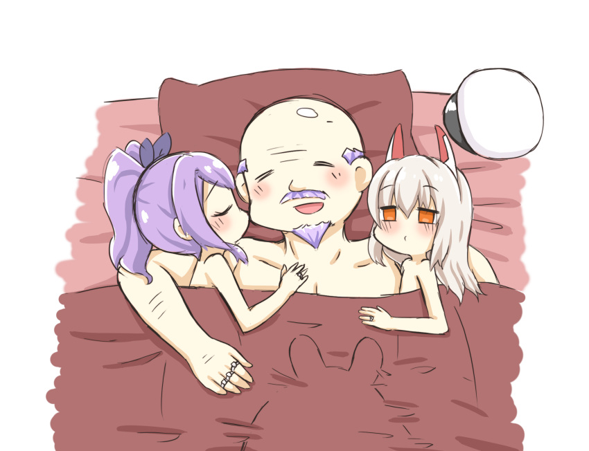 1boy 3girls :d ^_^ ^o^ admiral_(azur_lane) animal_ears ayanami_(azur_lane) azur_lane bald_spot beard cheek_kiss closed_eyes comic covering facial_hair fake_animal_ears greenteaneko hat highres javelin_(azur_lane) kiss laffey_(azur_lane) long_hair multiple_girls nude_cover open_mouth peaked_cap pillow ponytail purple_hair silent_comic silver_hair simple_background smile under_covers white_background