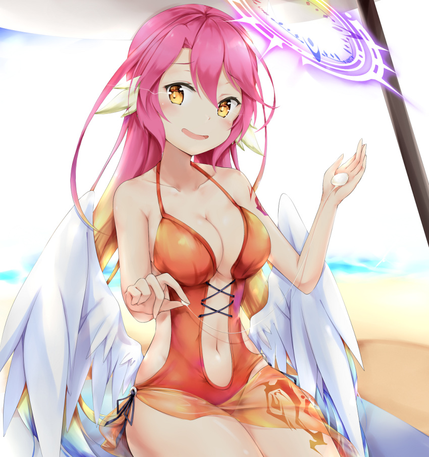 1girl beach beach_mat beach_umbrella blue_hair blush breasts collarbone eyebrows_visible_through_hair feathered_wings hair_between_eyes halo halterneck head_tilt ikasoke_(likerm6au) jibril_(no_game_no_life) long_hair looking_at_viewer lotion medium_breasts multicolored_hair navel no_game_no_life one-piece_swimsuit open_mouth orange_eyes orange_hair orange_swimsuit pink_hair sand sarong sitting smile solo sunscreen swimsuit umbrella very_long_hair water white_wings wings