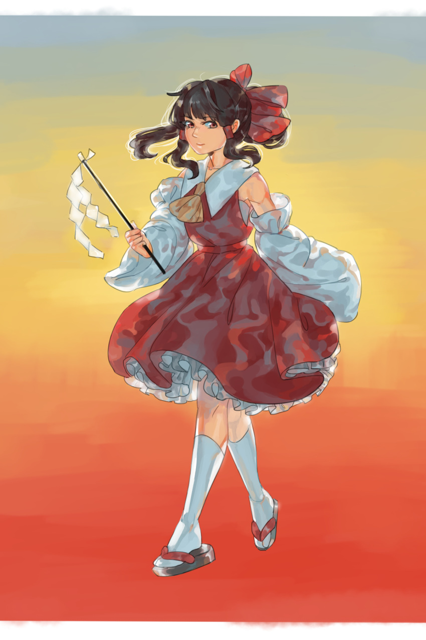 1girl black_hair brown_eyes detached_sleeves full_body gohei hair_ribbon hair_tubes hakurei_reimu highres japanese_clothes kyuubiness miko petticoat ponytail red_ribbon ribbon sandals sarashi sidelocks socks solo touhou walking wide_sleeves