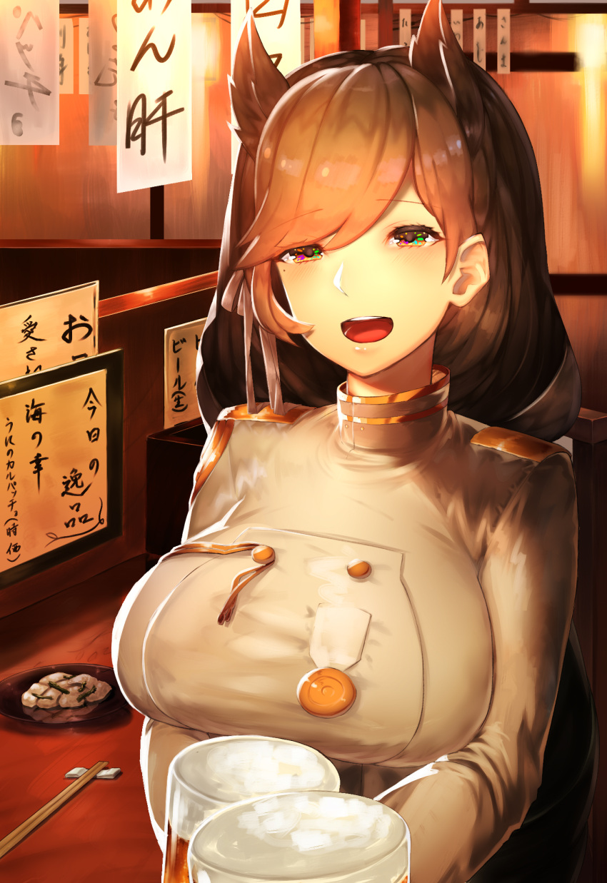 1girl alcohol animal_ears atago_(azur_lane) azur_lane beer beer_mug black_hair breasts brown_eyes chopsticks food highres kumanoi_azuki large_breasts long_hair long_sleeves looking_at_viewer military military_uniform mole mole_under_eye naval_uniform open_mouth solo uniform