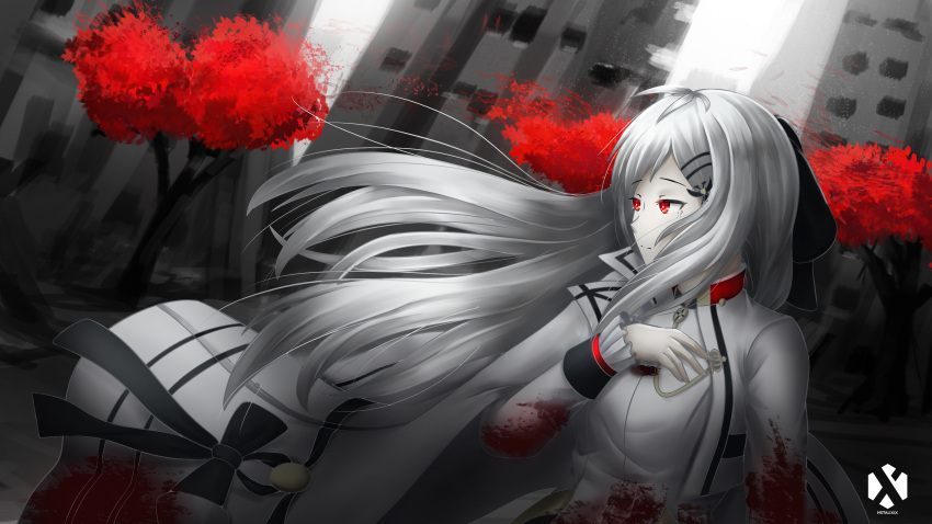 1girl artist_name black_bow black_panties blood bloody_clothes blush bow breasts bullpup cityscape expressionless eyebrows_visible_through_hair girls_frontline gloves hair_between_eyes hair_ornament hair_ribbon hairclip hand_on_own_chest highres iws-2000_(girls_frontline) kneehighs long_hair long_sleeves looking_away medal metalixix military military_uniform panties red_eyes ribbon sidelocks silver_hair skirt solo tearing_up tree underwear uniform white_bow white_hair white_legwear