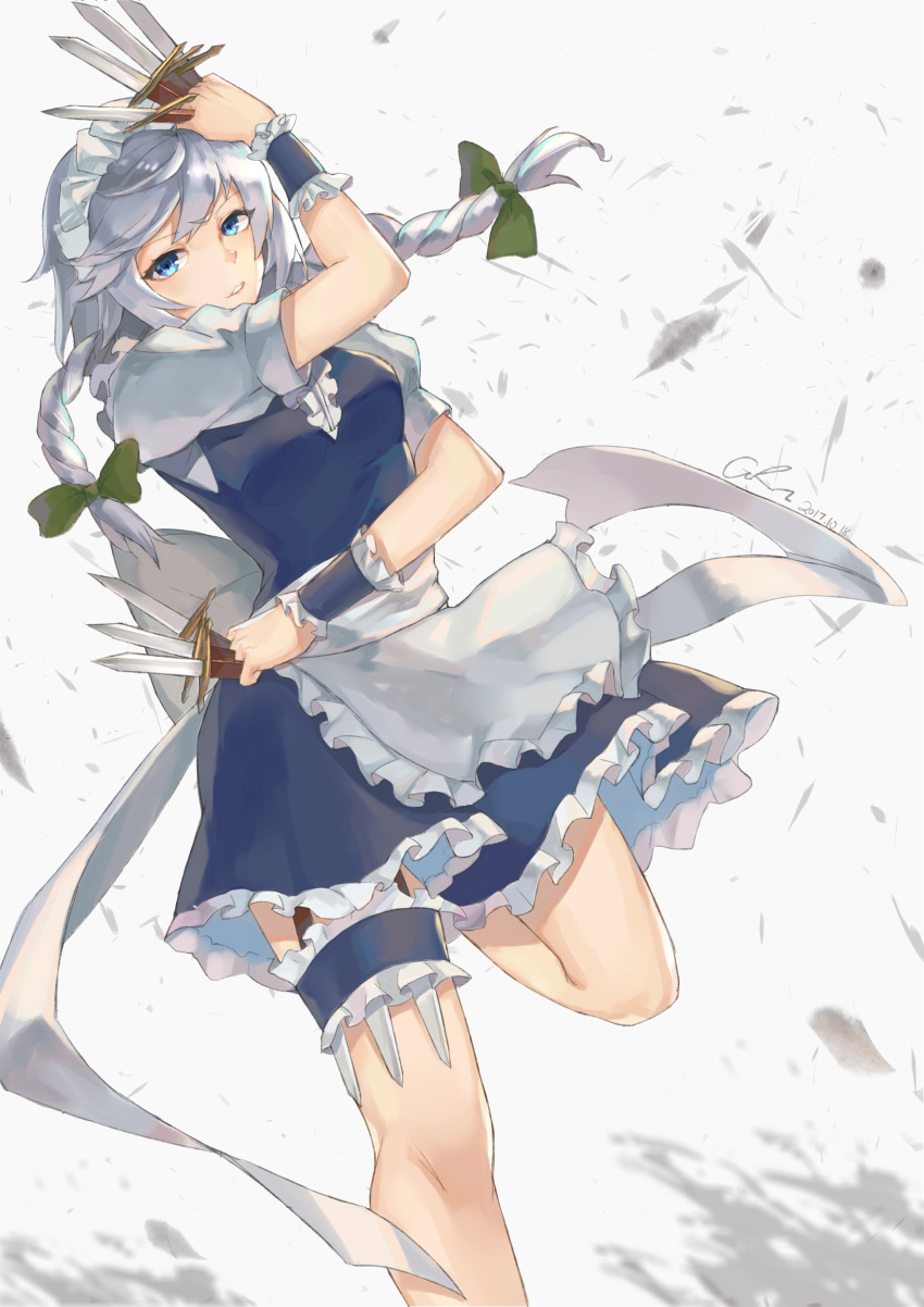 1girl absurdres apron blue_dress blue_eyes bow braid breasts cowboy_shot dress frilled_apron frilled_dress frills green_bow hair_bow highres izayoi_sakuya kinto-kuwa knife looking_at_viewer maid maid_headdress medium_breasts parted_lips puffy_short_sleeves puffy_sleeves short_hair_with_long_locks short_sleeves silver_hair smile solo touhou twin_braids waist_apron