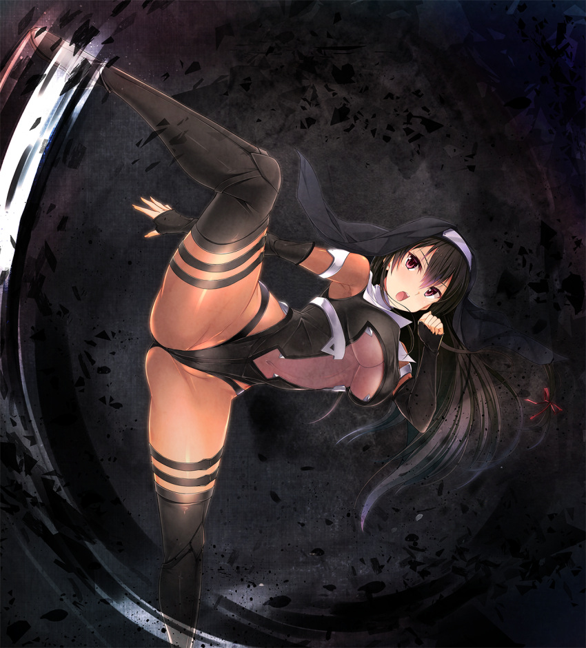 1girl bangs black_background black_footwear black_hair black_headwear black_leotard black_sleeves boots breasts brown_bodysuit detached_sleeves eyebrows_visible_through_hair floating_hair game_cg hair_between_eyes hair_ribbon highleg highleg_leotard highres large_breasts leg_up leotard long_hair long_sleeves nightmare_x_onmyoji noba_(veronicanoha) official_art open_mouth red_eyes red_ribbon revealing_clothes ribbon shindou_setsuna solo standing thigh-highs thigh_boots under_boob veil very_long_hair
