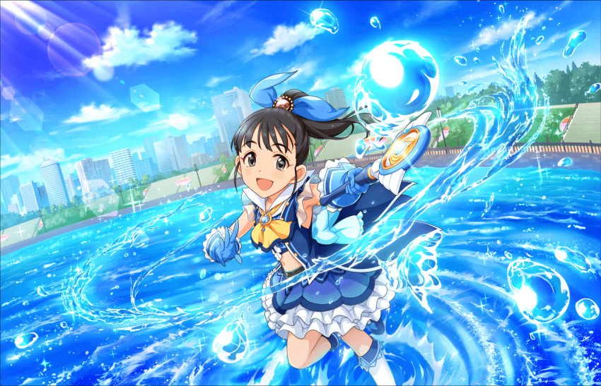 1girl armpits artist_request black_eyes black_hair blue_gloves blue_ribbon building fukuyama_mai gloves idolmaster idolmaster_cinderella_girls idolmaster_cinderella_girls_starlight_stage jpeg_artifacts magical_girl official_art ponytail ribbon smile solo tree wand water