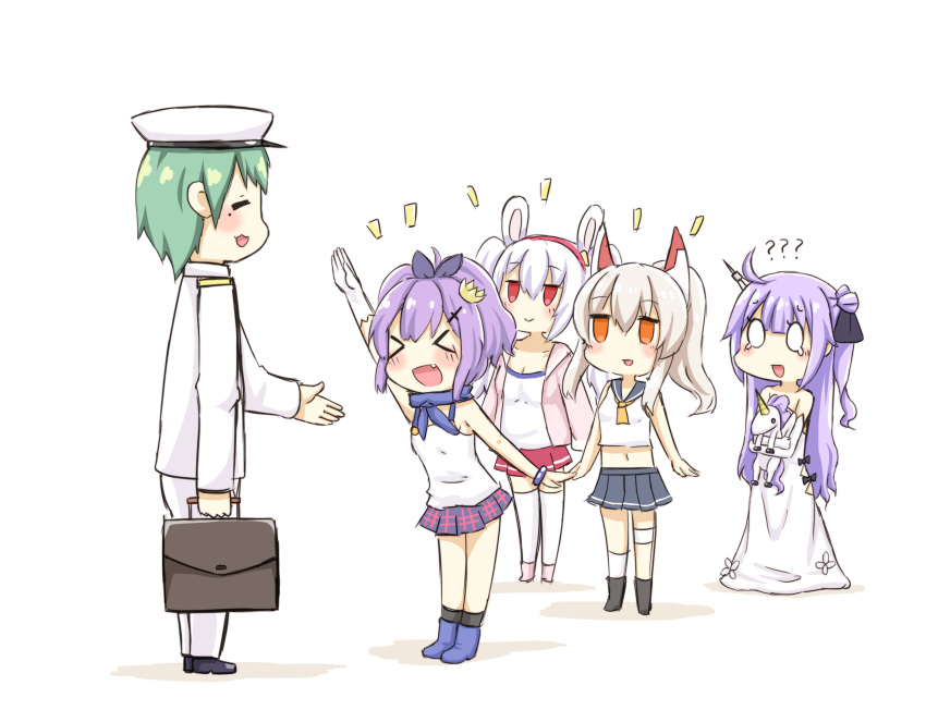 &gt;_&lt; 1boy 4girls :3 :d ?? admiral_(azur_lane) ahoge animal_ears ayanami_(azur_lane) azur_lane bag comic crown doll_hug dress elbow_gloves fake_animal_ears gloves green_hair greenteaneko hair_ornament hairband hairpin hat highres holding jacket javelin_(azur_lane) laffey_(azur_lane) long_hair military military_uniform mini_crown mole mole_under_eye multiple_girls naval_uniform one_side_up open_mouth peaked_cap plaid plaid_skirt pleated_skirt ponytail purple_hair school_uniform serafuku side_bun silent_comic silver_hair simple_background skirt smile tears thigh-highs twintails unicorn_(azur_lane) uniform white_background white_dress white_gloves white_hair white_legwear xd zettai_ryouiki