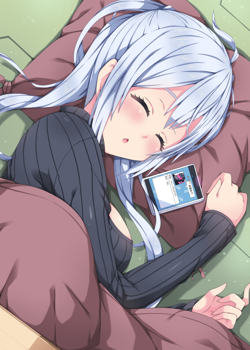 1girl ahoge black_sweater breasts closed_eyes from_above highres indoors long_hair lying matoi_(pso2) medium_breasts milkpanda on_side open_mouth phantasy_star phantasy_star_online_2 pillow sideboob silver_hair sleeping solo sweater