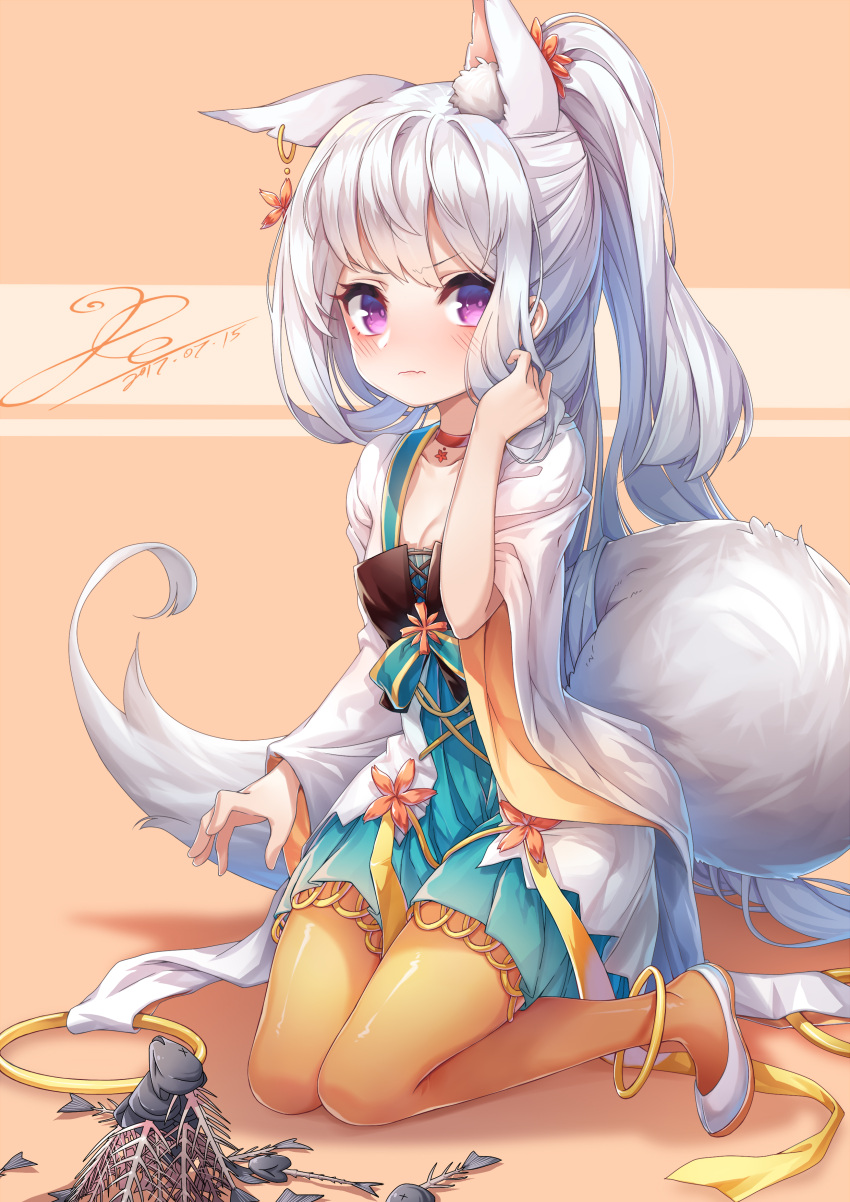 1girl absurdres animal_ears anklet aqua_dress artist_name blush breasts cardigan closed_mouth collarbone dated de_da_xianyu dress fish flats fox_ears fox_tail frown hand_up highres jewelry kneeling long_hair looking_at_viewer open_cardigan open_clothes orange_legwear original pantyhose petite pleated_dress ponytail shiny shiny_hair sidelocks signature silver_hair small_breasts solo tail v-shaped_eyebrows very_long_hair violet_eyes