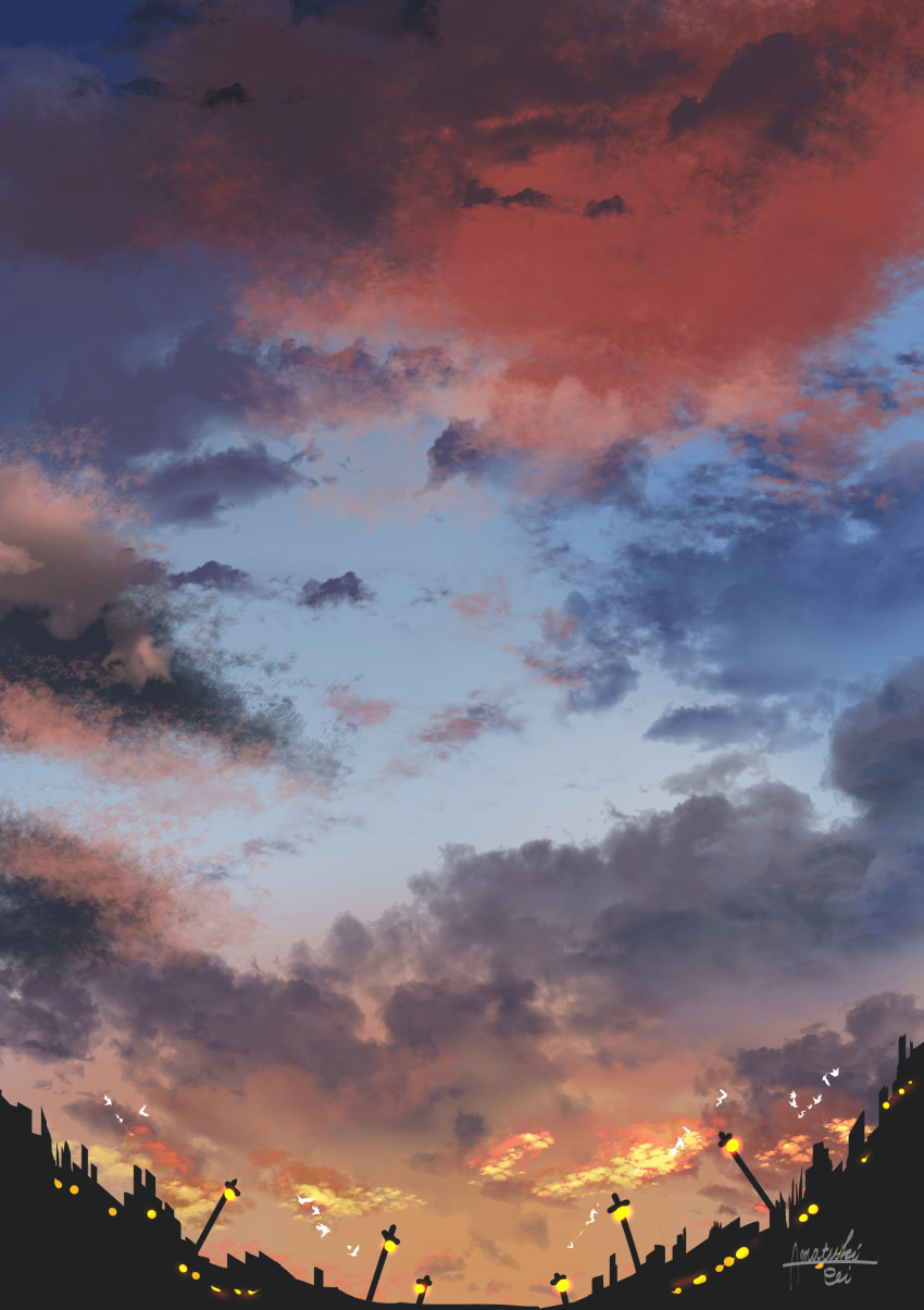 absurdres amatsuki_rei bird clouds cloudy_sky flock highres lantern no_humans original outdoors scenery signature sky sunset twilight