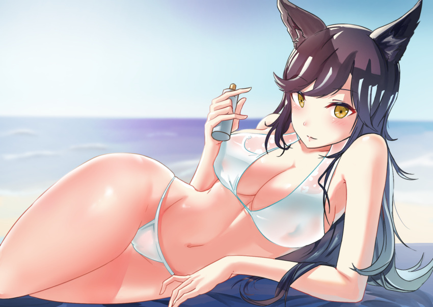 1girl animal_ears atago_(azur_lane) azur_lane bangs beach bikini black_hair bottle breasts brown_eyes day gan_(gameupnow) highres horizon large_breasts long_hair looking_at_viewer lying ocean on_side outdoors solo swimsuit white_bikini wolf_ears