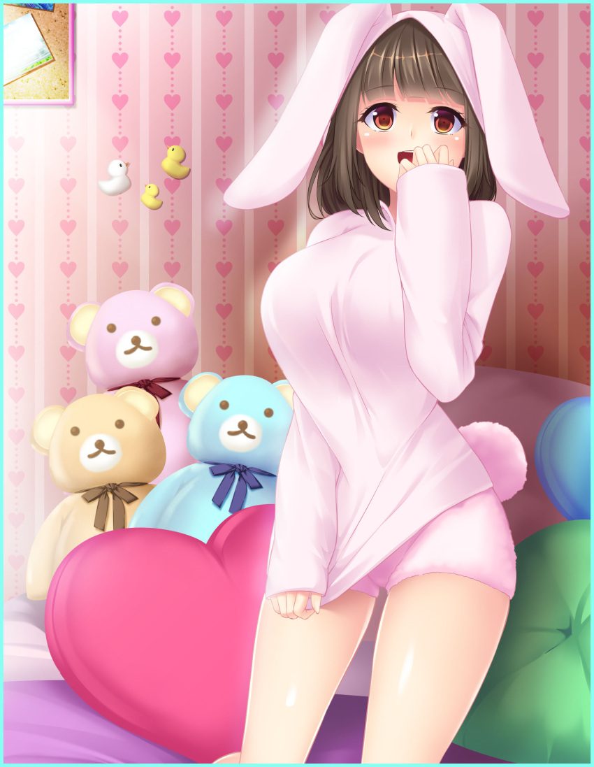 1girl :d animal_ears animal_hood artist_request bangs blunt_bangs brown_eyes brown_hair bunny_hood bunny_pajamas character_request clothes_tug eyebrows_visible_through_hair fake_animal_ears fake_tail heart heart_pillow heart_print highres hood hood_up hooded_sweater indoors long_hair long_sleeves pillow rabbit_ears rabbit_tail shiny shiny_hair short_shorts shorts sleeves_past_wrists smile solo standing stuffed_animal stuffed_toy sweater sweater_tug tail teddy_bear white_shorts white_sweater