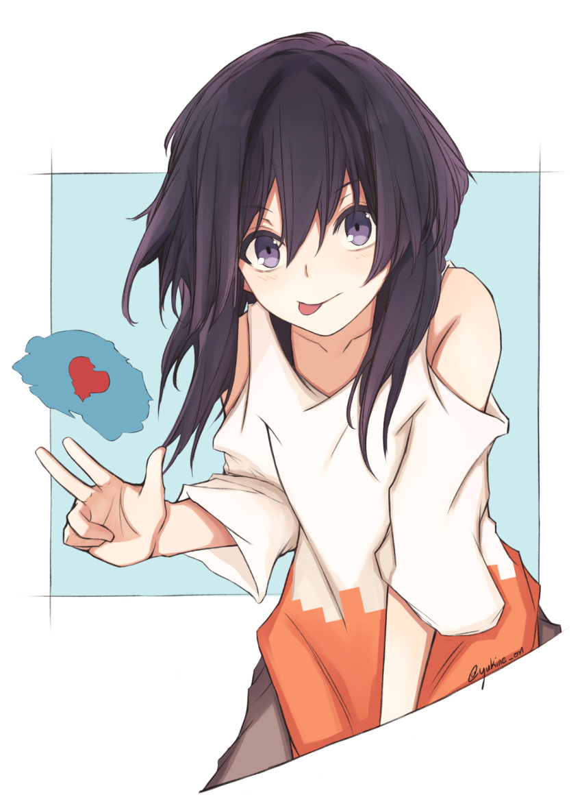 1girl :p bangs black_hair commentary_request eyebrows_visible_through_hair frame hair_between_eyes heart highres looking_at_viewer original short_hair shoulder_cutout sidelocks solo tongue tongue_out twitter_username upper_body violet_eyes yukine_on