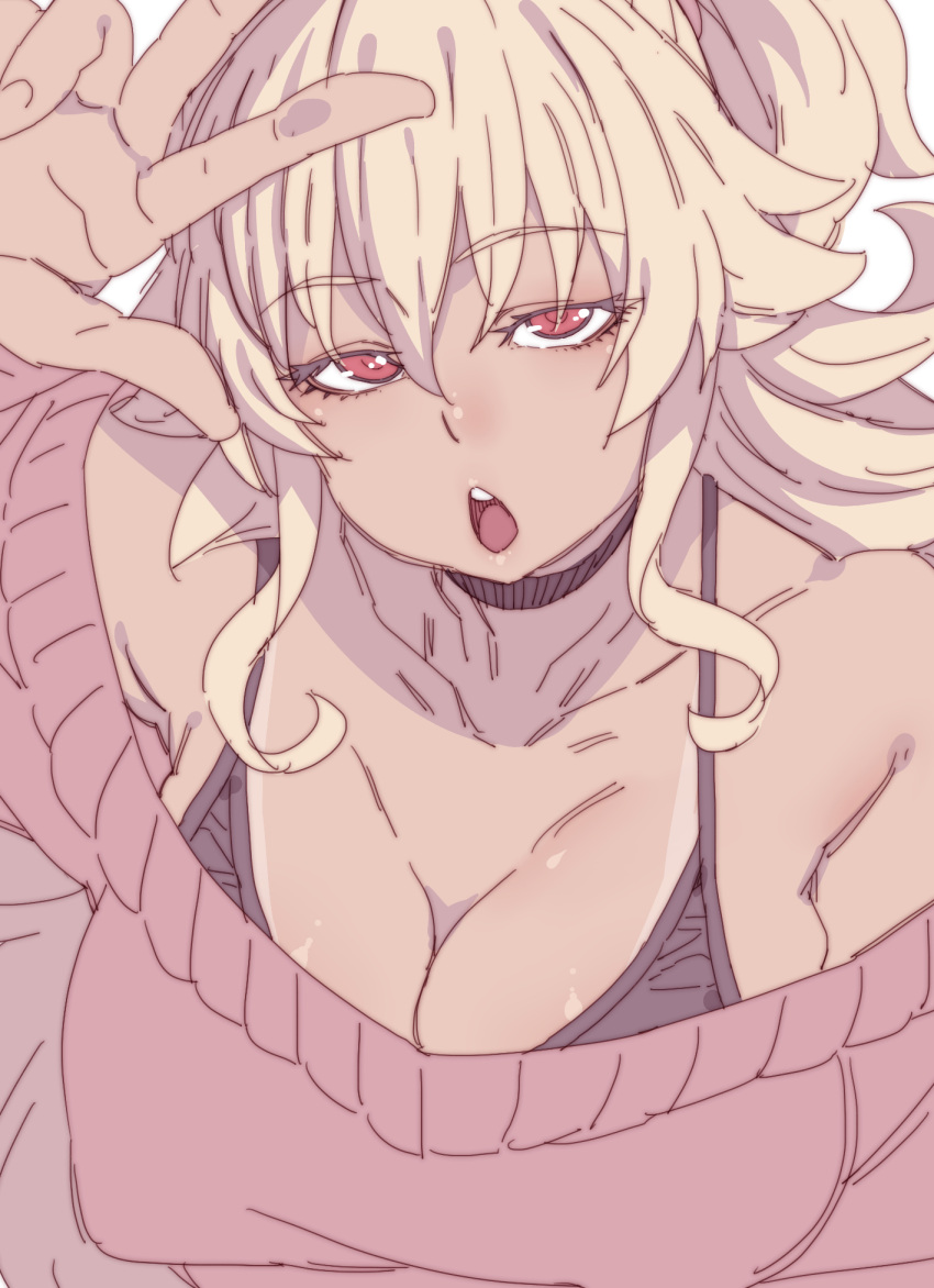 1girl :o bare_shoulders black_bra blonde_hair bra breasts cleavage close-up collarbone commentary_request erect_nipples eyebrows_visible_through_hair gyaru highres large_breasts looking_at_viewer medium_hair off_shoulder red_eyes simple_background sketch solo sweater tan tasaka_shinnosuke underwear upper_body w white_background
