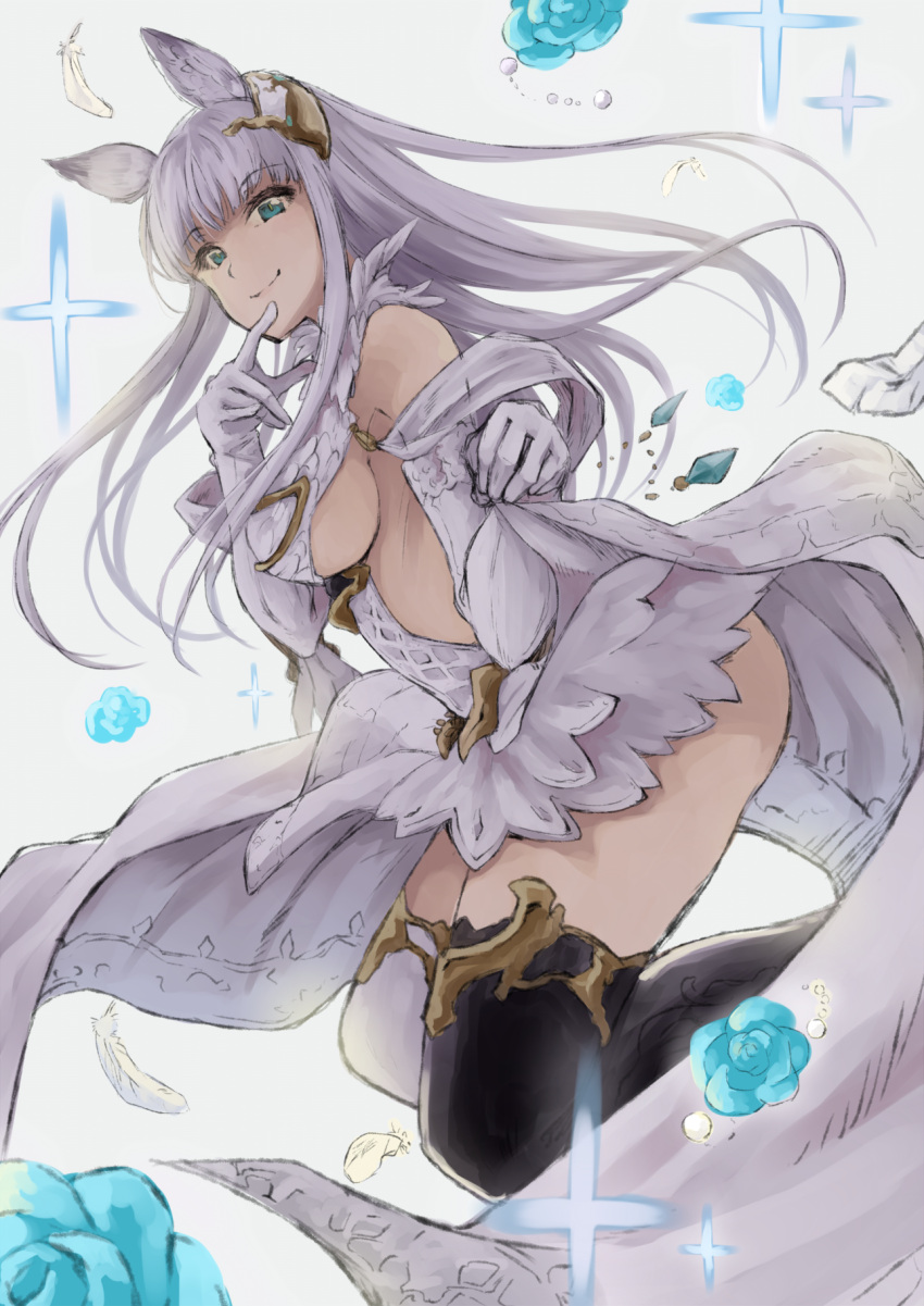 1girl animal_ears bangs bare_shoulders black_legwear blue_eyes blunt_bangs breasts closed_mouth dress elbow_gloves erun_(granblue_fantasy) from_side gloves granblue_fantasy hair_ornament highres korwa large_breasts long_hair looking_at_viewer looking_to_the_side mismatched_legwear open-back_dress sideboob silver_hair smile solo thigh-highs wee white_gloves white_legwear