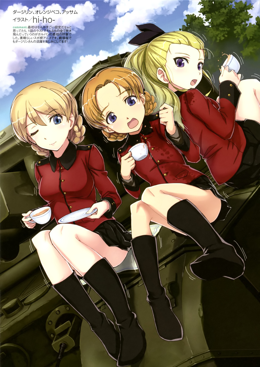 3girls :o absurdres artist_name assam bangs black_footwear black_ribbon black_skirt blonde_hair blue_eyes boots braid character_name churchill_(tank) closed_mouth clouds cloudy_sky cup darjeeling day dutch_angle epaulettes eyebrows_visible_through_hair girls_und_panzer ground_vehicle hair_pulled_back hair_ribbon handkerchief hi-ho- highres holding jacket light_smile long_hair long_sleeves looking_at_another looking_at_viewer looking_back military military_uniform military_vehicle miniskirt motor_vehicle multiple_girls one_eye_closed open_mouth orange_hair orange_pekoe outdoors pleated_skirt red_jacket ribbon saucer short_hair sitting skirt sky spill spilling st._gloriana's_military_uniform surprised tank teacup tied_hair translation_request trembling twin_braids uniform wet wet_clothes wet_jacket