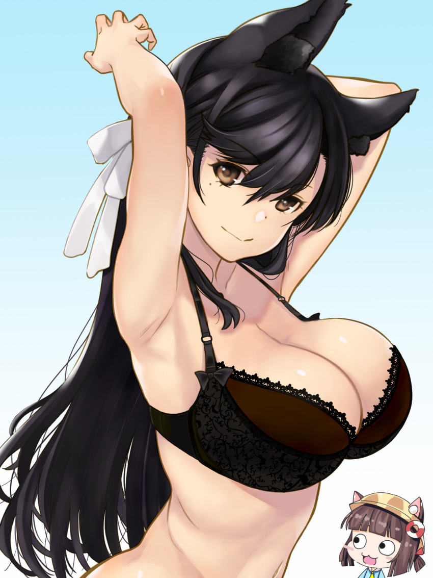 2girls :3 :d animal_ears armpits arms_up atago_(azur_lane) azur_lane black_bra black_hair blue_shirt blush_stickers bra breasts brown_eyes brown_hair chibi_inset closed_mouth collarbone ears_through_headwear eyebrows_visible_through_hair from_side gradient gradient_background hair_between_eyes hair_ribbon hat head_tilt highres kuuchuu_ame lace lace-trimmed_bra large_breasts long_hair looking_at_another looking_at_viewer mole mole_under_eye multiple_girls mutsuki_(azur_lane) navel neckerchief open_mouth ribbon shirt smile underwear upper_body white_ribbon yellow_hat