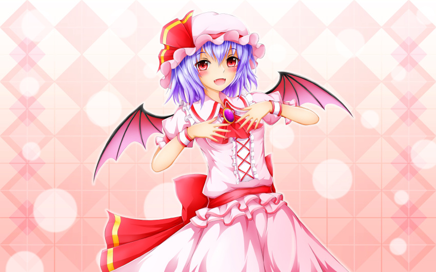 1girl akatsuki_no_usagi blue_hair brooch commentary_request dress hat hat_ribbon highres jewelry looking_at_viewer mob_cap open_mouth pink_dress puffy_short_sleeves puffy_sleeves red_eyes red_ribbon remilia_scarlet ribbon short_sleeves solo touhou wings wrist_cuffs
