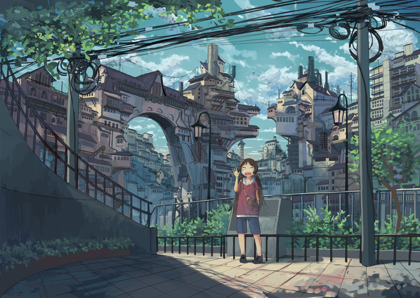 1girl arm_behind_back bag blush brown_hair building city cityscape closed_eyes clouds hair_ribbon hand_up long_hair open_mouth original outdoors pigeon-toed power_lines railing ribbon scenery shade shorts shoulder_bag sky smile smokestack solo telephone_pole tree twintails waving wu_ba_pin