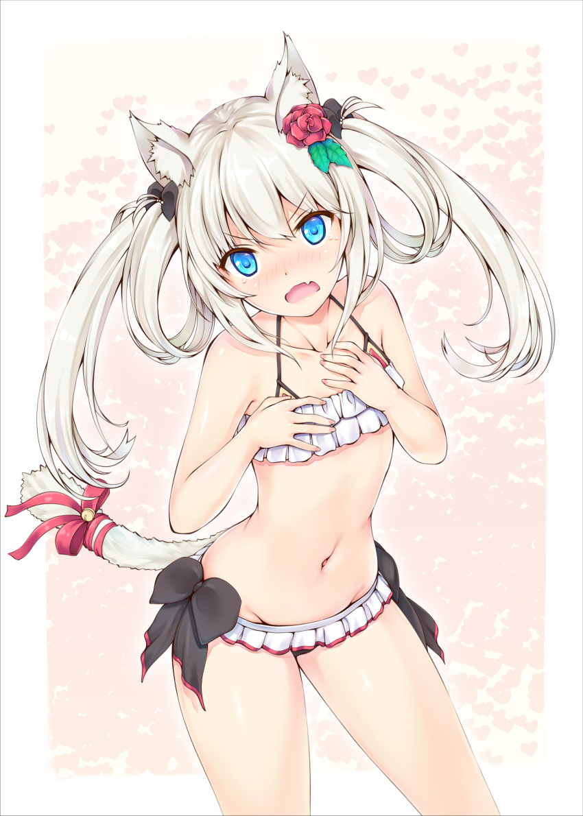 1girl akyorapenyo animal_ears azur_lane bikini blue_eyes cat_ears cat_tail cowboy_shot embarrassed fang flower frilled_bikini frills hair_flower hair_ornament hair_rings hammann_(azur_lane) highres long_hair looking_at_viewer open_mouth rose side-tie_bikini solo swimsuit tail white_bikini white_hair