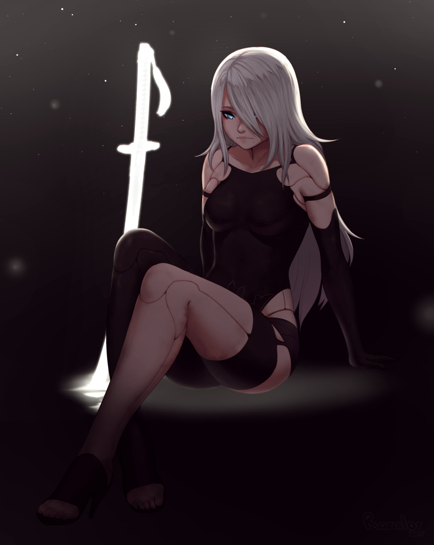 1girl absurdres android blue_eyes breasts full_body glowing glowing_sword glowing_weapon hair_over_one_eye high_heels highres katana long_hair medium_breasts nier_(series) nier_automata open_toe_shoes planted_sword planted_weapon razalor revision robot_joints silver_hair sitting solo sword toes weapon yorha_type_a_no._2