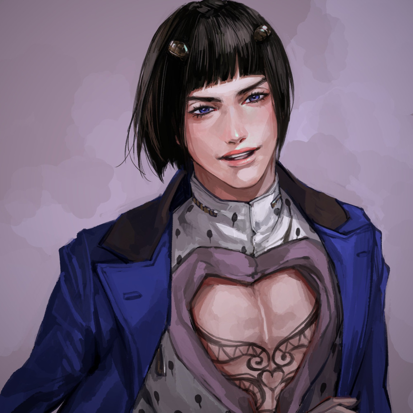 1boy bangs black_hair blue_eyes blue_jacket blunt_bangs bruno_buccellati cleavage_cutout highres jacket jacket_on_shoulders jojo_no_kimyou_na_bouken long_sleeves looking_at_viewer male_focus meron_nouka parted_lips smile solo upper_body vento_aureo