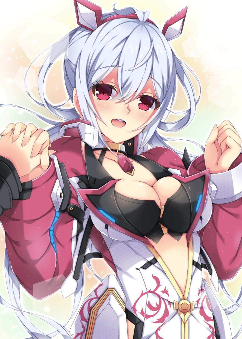 1girl ahoge black_bra bra breasts choker cleavage collarbone eyebrows_visible_through_hair floating_hair gem hair_between_eyes hairband hand_holding highres interlocked_fingers long_hair looking_at_viewer matoi_(pso2) medium_breasts milkpanda open_mouth partially_unzipped phantasy_star phantasy_star_online_2 red_eyes red_hairband silver_hair underwear white_background