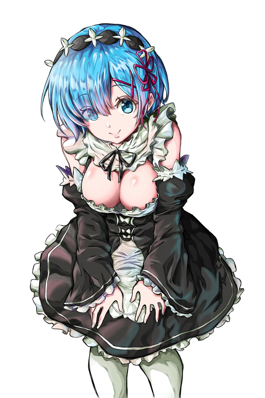 1girl blue_eyes blue_hair blush breasts closed_mouth detached_sleeves dress eyebrows_visible_through_hair eyes_visible_through_hair frilled_sleeves frills hair_ornament hair_over_one_eye head_tilt highres large_breasts leaning_forward looking_at_viewer maid maid_headdress re:zero_kara_hajimeru_isekai_seikatsu rem_(re:zero) ribbon-trimmed_clothes ribbon_trim short_hair simple_background sleeves_past_wrists smile solo ubo white_background white_legwear x_hair_ornament