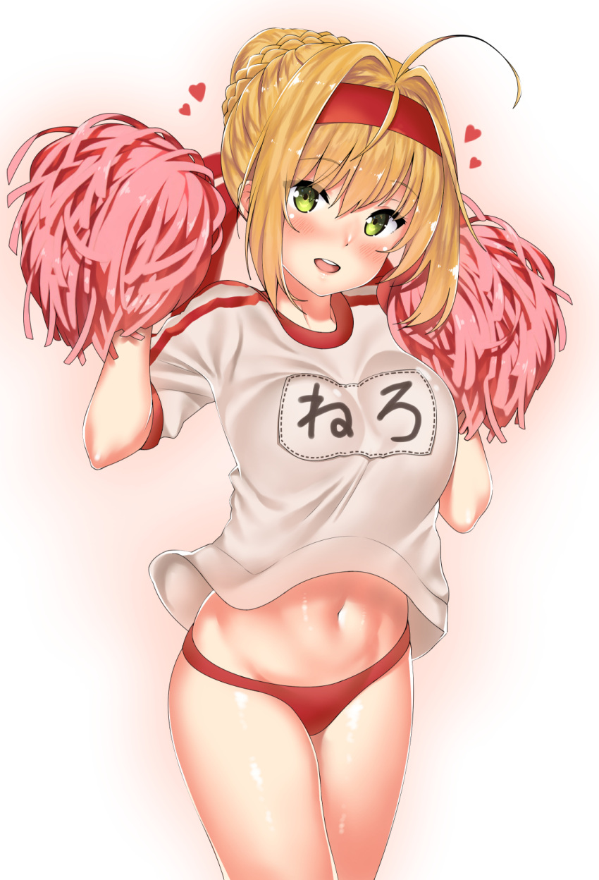 1girl ahoge blonde_hair blush braid breasts buruma cheerleader fate/extra fate/grand_order fate_(series) french_braid green_eyes gym_uniform hair_intakes hands_up heart highres hips kawai large_breasts looking_at_viewer name_tag navel open_mouth pom_poms red_buruma red_headband saber_extra shiny shiny_skin shirt smile solo thighs waist white_shirt