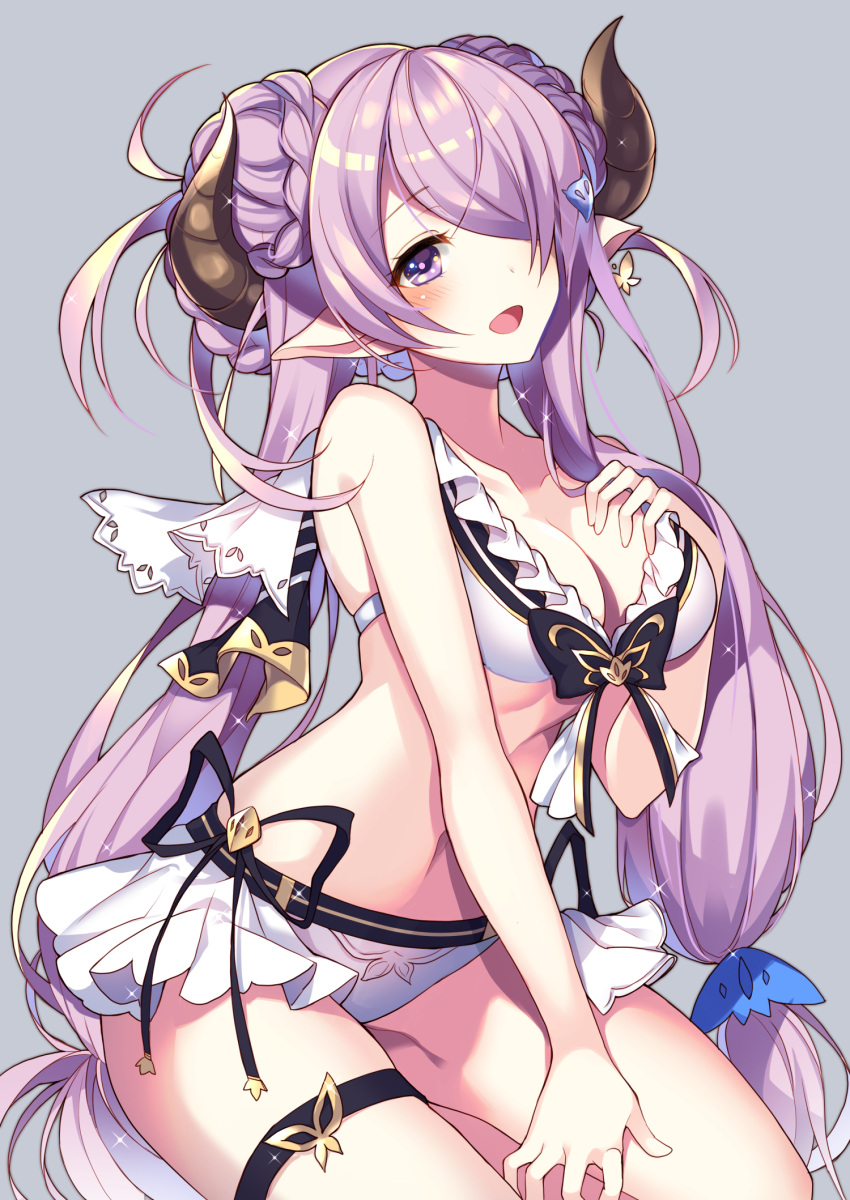 1girl bare_shoulders bikini black_bow blush bow breasts cleavage commentary_request doraf double_bun frilled_bikini frills granblue_fantasy hair_ornament hair_over_one_eye hairclip hand_on_own_chest highres hips homaderi horns kneeling large_breasts lavender_hair long_hair narumeia_(granblue_fantasy) open_mouth pointy_ears simple_background smile solo swimsuit thigh_strap thighs very_long_hair violet_eyes waist white_bikini