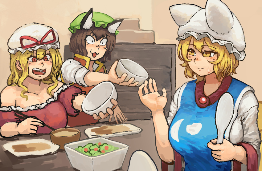 3girls :3 animal_ears blonde_hair blush bowl breasts brown_hair cat_ears chanta_(ayatakaoisii) chen chopsticks closed_mouth collared_dress dress eyebrows_visible_through_hair food fox_ears fox_tail furniture hat highres holding indoors large_breasts looking_at_another mob_cap multiple_girls off_shoulder open_mouth red_dress red_eyes salad sanpaku short_hair short_sleeves sitting smile sweatdrop tabard table tail touhou tray v-shaped_eyebrows yakumo_ran yakumo_yukari yellow_eyes