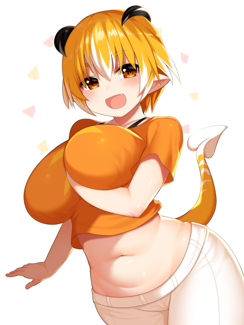 1girl bangs bare_arms between_breasts blush breast_hold breasts cowboy_shot curvy eyebrows_visible_through_hair fang hand_between_breasts highres horns huge_breasts looking_at_viewer midriff mofuaki navel open_mouth orange_eyes orange_hair orange_shirt original pointy_ears shirt short_hair short_sleeves simple_background smile solo tail white_background