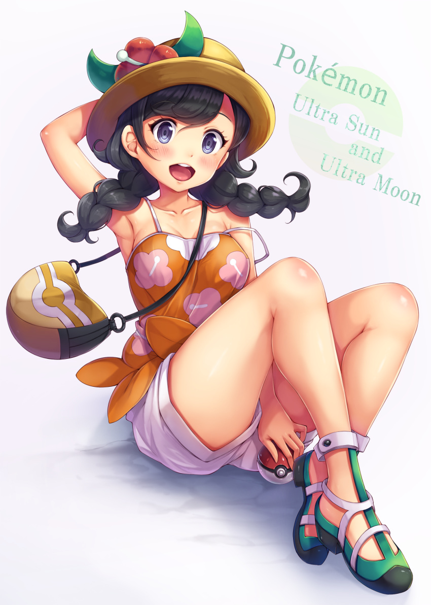 1girl :d arm_behind_head arm_up armpits bag bangs bare_legs between_legs black_hair blue_eyes blush body_blush breasts brown_hat camisole cleavage collarbone copyright_name eyebrows_visible_through_hair floral_print flower full_body green_footwear hand_between_legs hat hat_flower hibiscus highres knees_up long_hair looking_at_viewer mizuki_(pokemon_ultra_sm) no_socks open_mouth poke_ball pokemon pokemon_(game) pokemon_ultra_sm ringed_eyes round_teeth shoulder_bag simple_background sitting sleeveless small_breasts smile snowcanvas solo strap_slip swept_bangs tareme teeth thighs white_background