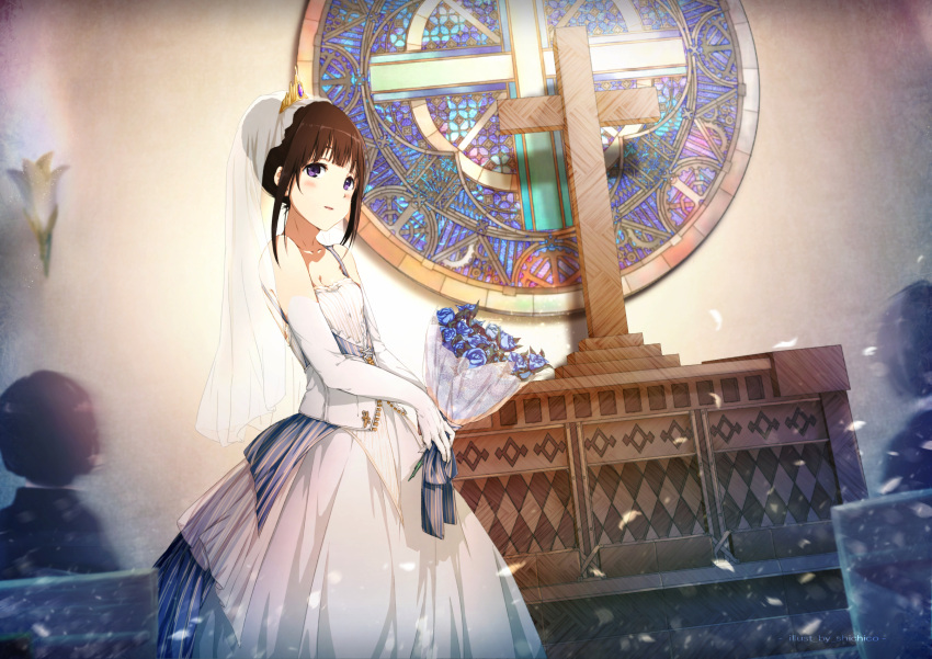 1boy 2girls altar black_hair bouquet bridal_veil bride chitanda_eru cowboy_shot cross dress dutch_angle elbow_gloves flower gloves hair_bun highres hyouka long_hair multiple_girls shichico sidelocks solo_focus stained_glass standing strapless strapless_dress veil violet_eyes wedding_dress white_dress white_gloves window