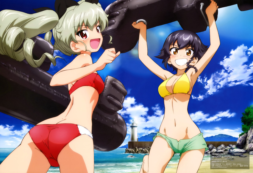 2girls absurdres anchovy ass beach bikini bikini_shorts bikini_top black_hair blush braid brown_eyes clouds cloudy_sky crotch_seam day drill_hair girls_und_panzer green_bikini_bottom green_hair grin highres holding inflatable_toy leg_up lighthouse long_hair looking_at_viewer mismatched_bikini multiple_girls official_art open_mouth outdoors pepperoni_(girls_und_panzer) red_bikini red_eyes short_hair short_shorts shorts side_braid sky smile standing swimsuit torpedo twin_drills twintails yoshida_nobuyoshi