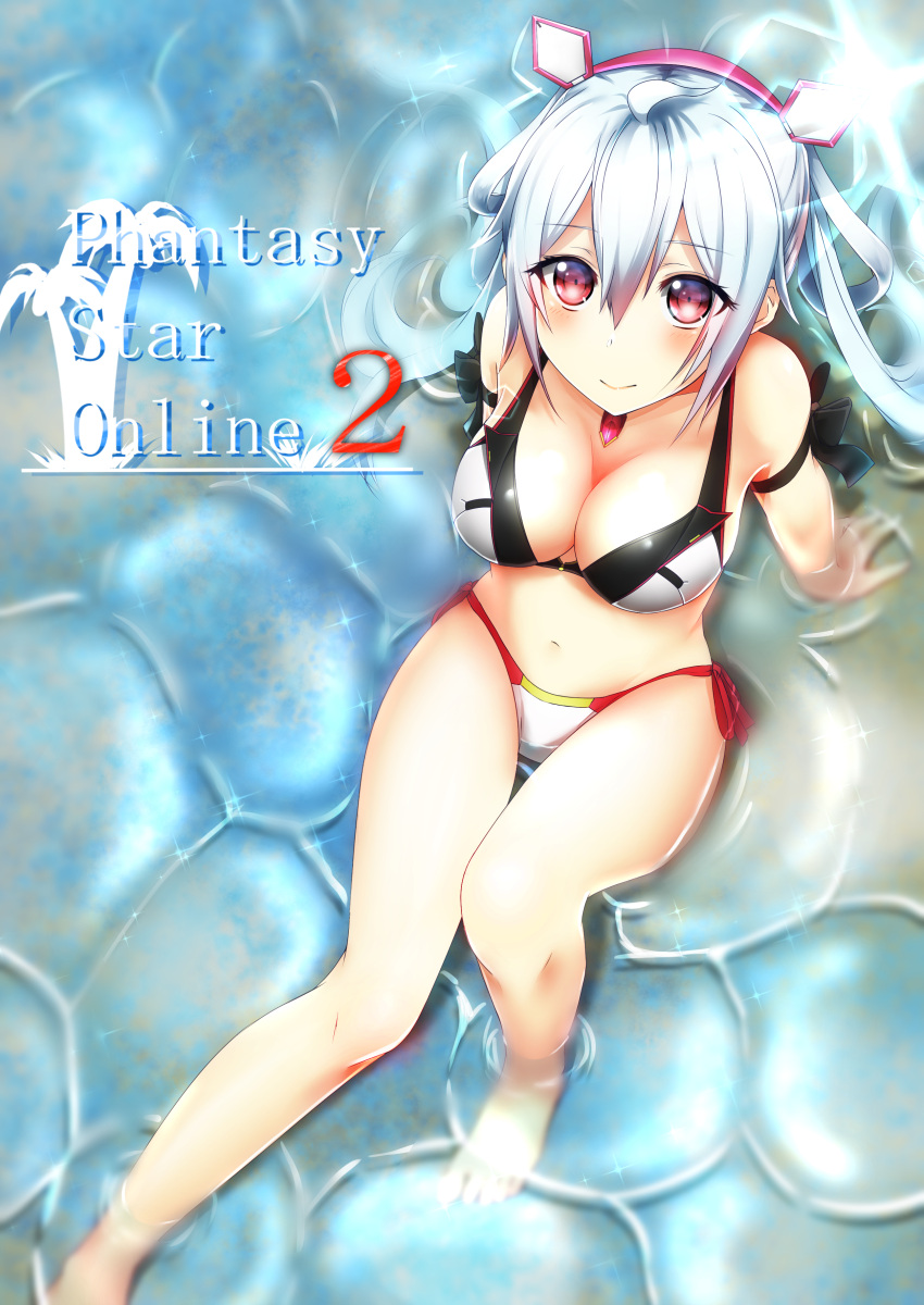 1girl absurdres ahoge arm_support barefoot bikini breasts celeryma cleavage copyright_name eyebrows_visible_through_hair from_above gem hair_between_eyes hairband highres long_hair looking_at_viewer looking_up matoi_(pso2) medium_breasts phantasy_star phantasy_star_online_2 red_eyes red_hairband side-tie_bikini silver_hair sitting solo swimsuit water white_bikini