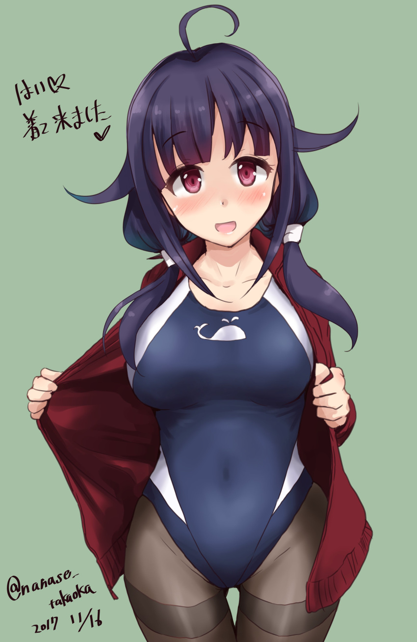 1girl absurdres ahoge black_legwear black_swimsuit competition_swimsuit cowboy_shot green_background hair_flaps highres kantai_collection low_twintails one-piece_swimsuit open_mouth pantyhose purple_hair red_eyes simple_background solo swimsuit taigei_(kantai_collection) takaoka_nanase thighband_pantyhose translation_request twintails