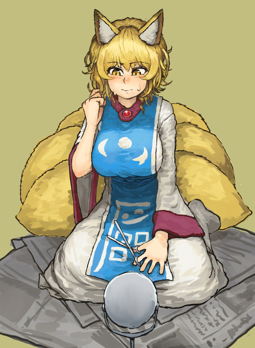 1girl animal_ears blonde_hair blush breasts chanta_(ayatakaoisii) closed_mouth dress eyebrows_visible_through_hair fox_ears fox_tail gem highres large_breasts long_sleeves mirror multiple_tails newspaper no_shoes scissors short_hair simple_background sitting slit_pupils solo sweatdrop tabard tail touhou white_dress white_legwear wide_sleeves worried yakumo_ran yellow_background yellow_eyes