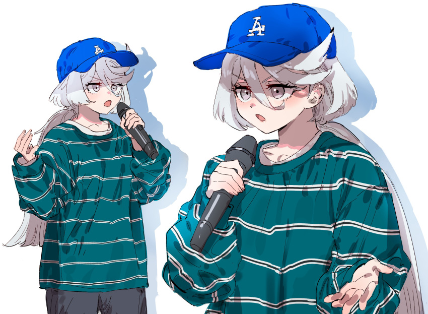 1girl alternate_costume baseball_cap belletaku blue_hat cosplay green_shirt grey_eyes grey_hair gundam gundam_suisei_no_majo hair_between_eyes hat highres holding holding_microphone long_hair long_sleeves los_angeles_dodgers microphone min_hee-jin min_hee-jin_(cosplay) miorine_rembran multiple_views open_mouth real_life shadow shirt simple_background standing striped_clothes striped_shirt swept_bangs talking white_background