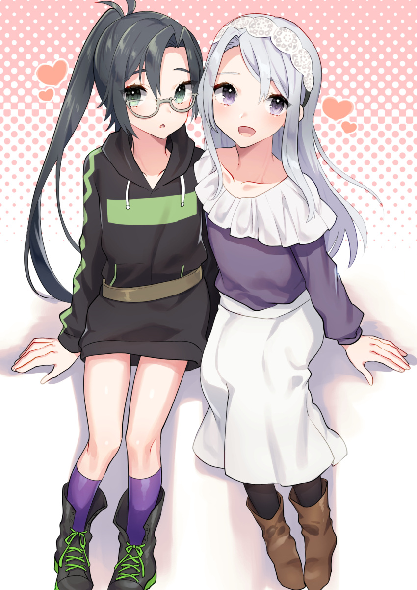 2girls alternate_costume amagiri_(kantai_collection) asymmetrical_bangs bangs black_dress black_hair black_legwear blouse dress glasses gradient gradient_background green_eyes hair_between_eyes hairband heart highres hood hooded_dress hoodie kantai_collection long_hair long_skirt looking_at_viewer mizuki_eiru_(akagi_kurage) multiple_girls open_mouth pantyhose polka_dot polka_dot_background ponytail purple_blouse purple_legwear sagiri_(kantai_collection) silver_hair sitting skirt smile swept_bangs violet_eyes white_hairband white_skirt