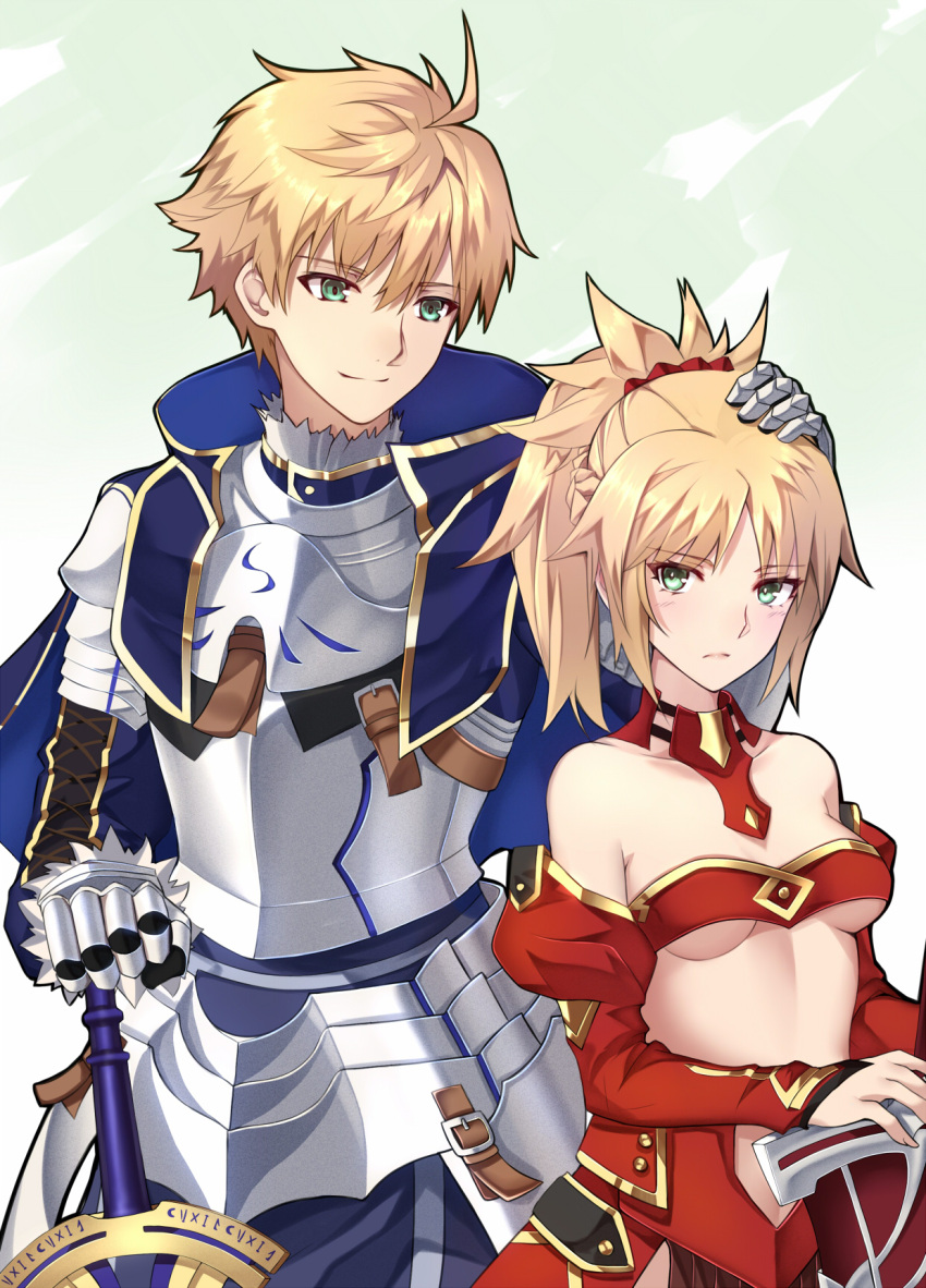 1boy 1girl ahoge armor bare_shoulders blonde_hair braid breastplate clarent excalibur_(fate/prototype) fate/grand_order fate_(series) french_braid gauntlets greaves green_eyes hand_on_another's_head highres pauldrons ponytail saber_(fate/prototype) saber_of_red scrunchie shiguru sword weapon