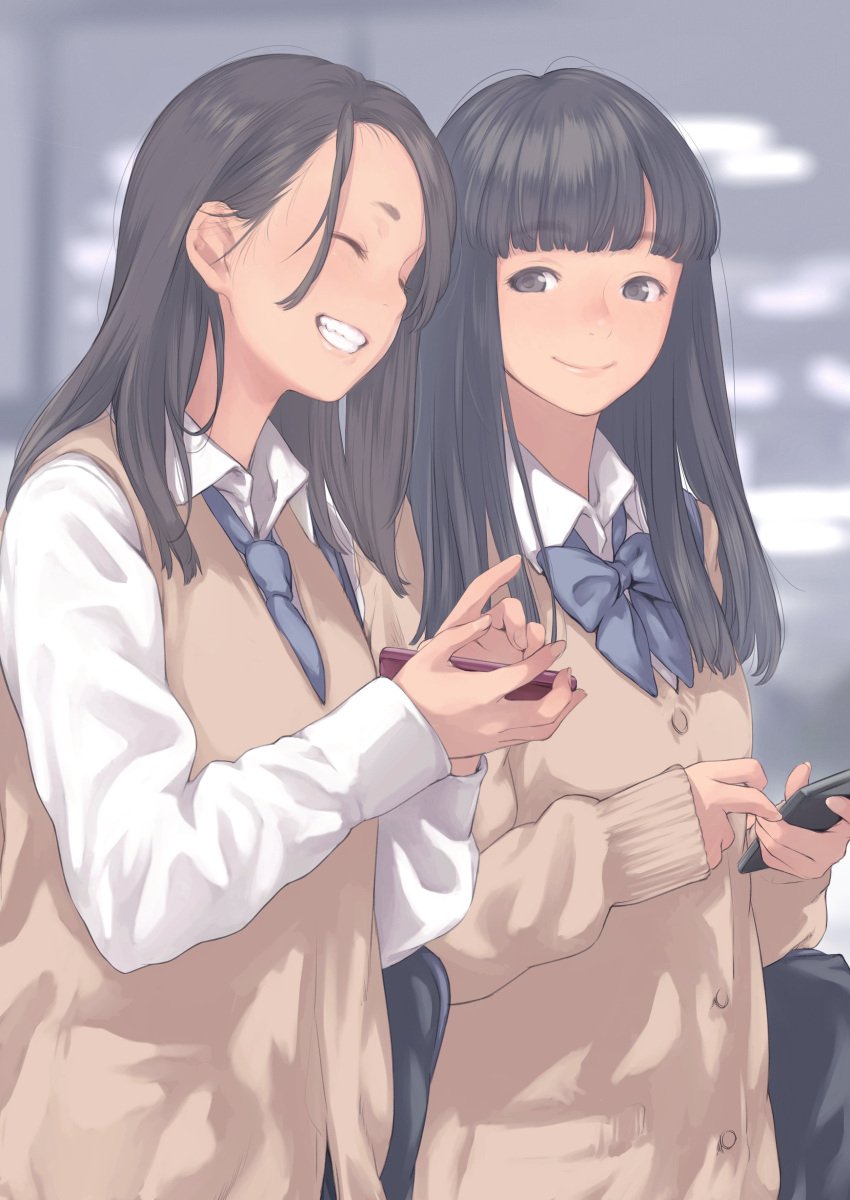2girls :d absurdres bag bangs black_eyes black_hair blue_neckwear blunt_bangs blurry blurry_background bow bowtie brown_vest cardigan cellphone closed_eyes closed_mouth collared_shirt comic_koh day depth_of_field eyebrows_visible_through_hair happy highres holding holding_phone kamo_(gafas) long_hair long_sleeves looking_at_another multiple_girls open_mouth outdoors phone school_bag shirt shoulder_bag smartphone smile standing upper_body vest white_shirt wing_collar
