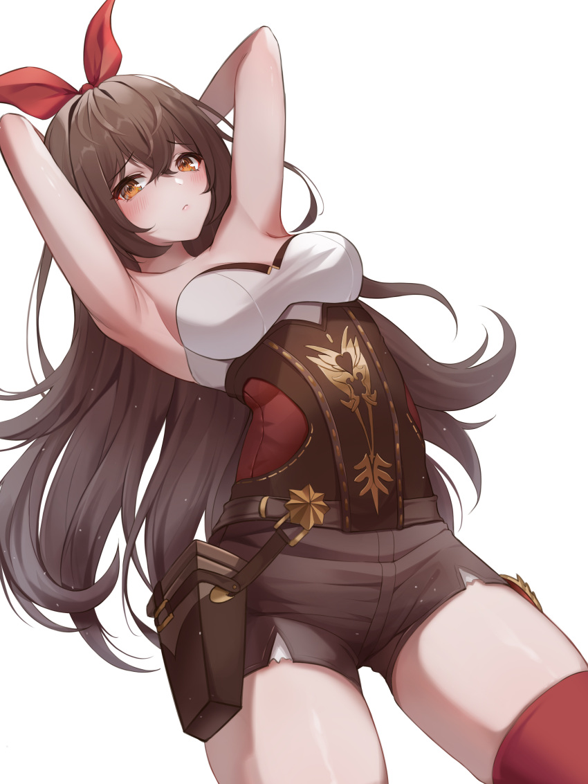 1girl absurdres amber_(genshin_impact) armpits arms_behind_head arms_up blush breasts brown_hair brown_shorts cjw01 closed_mouth corset dutch_angle genshin_impact hair_ribbon highres long_hair looking_at_viewer medium_breasts orange_eyes pouch red_legwear red_ribbon ribbon short_shorts shorts simple_background solo straight_hair thigh-highs very_long_hair white_background