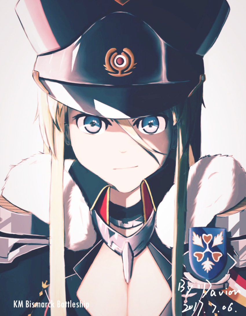 1girl 2017 :/ artist_name azur_lane bangs bismarck_(azur_lane) black_hat blonde_hair blue_eyes breasts character_name cleavage closed_mouth commentary_request dated eyelashes facing_viewer fur_collar hair_between_eyes hat highres lock_(pixiv25152774) long_hair looking_at_viewer military military_uniform peaked_cap popped_collar sidelocks simple_background solo straight_hair text uniform upper_body white_background
