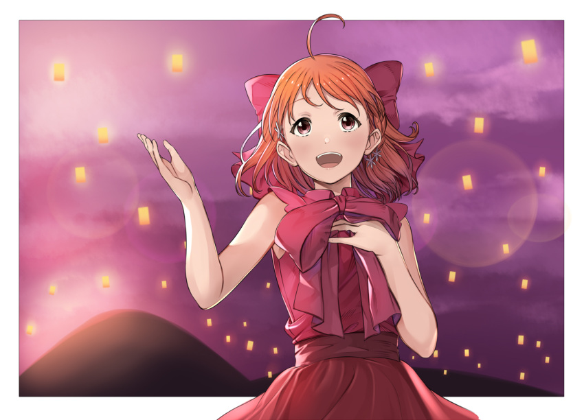 1girl ahoge border bow brown_eyes cowboy_shot dress earrings hair_bow hand_on_own_chest jewelry keita_(kta0) lantern lens_flare looking_up love_live! love_live!_sunshine!! mountain open_mouth orange_hair outdoors outside_border outstretched_hand red_bow red_dress smile solo takami_chika teeth twilight white_border