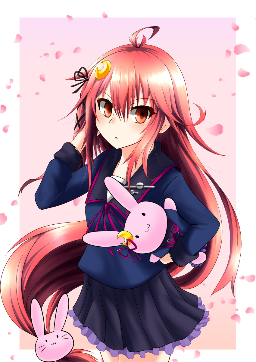 1girl :o absurdres blouse bunny_hair_ornament cherry_blossoms crescent crescent_hair_ornament hair_ornament hair_ribbon highres kantai_collection long_hair looking_at_viewer low-tied_long_hair petals pink_background pink_hair red_eyes ribbon sailor_collar school_uniform serafuku skirt solo stuffed_animal stuffed_bunny stuffed_toy suke_(share_koube) uzuki_(kantai_collection)