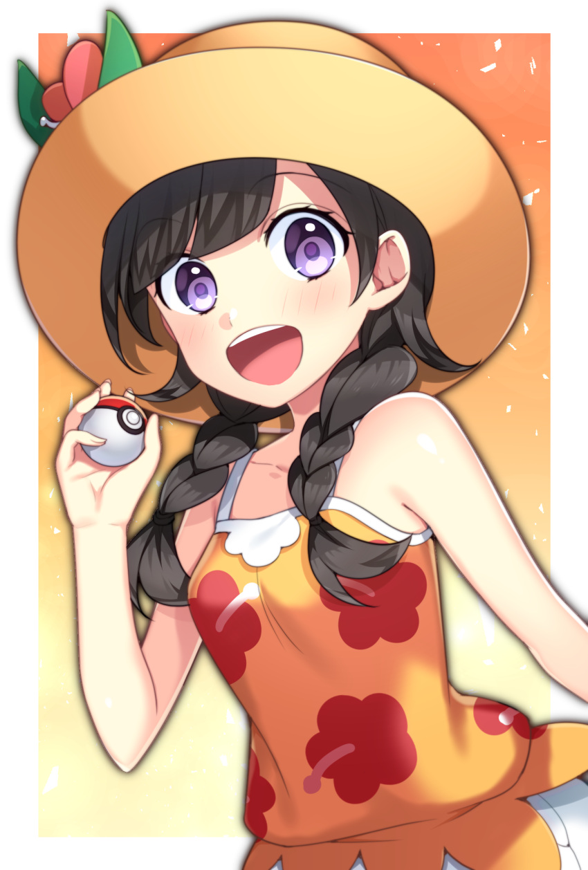 1girl blush braid hat highres looking_at_viewer mizuki_(pokemon_ultra_sm) open_mouth pokemon pokemon_(game) pokemon_ultra_sm shorts smile solo tank_top twin_braids violet_eyes yuihiko