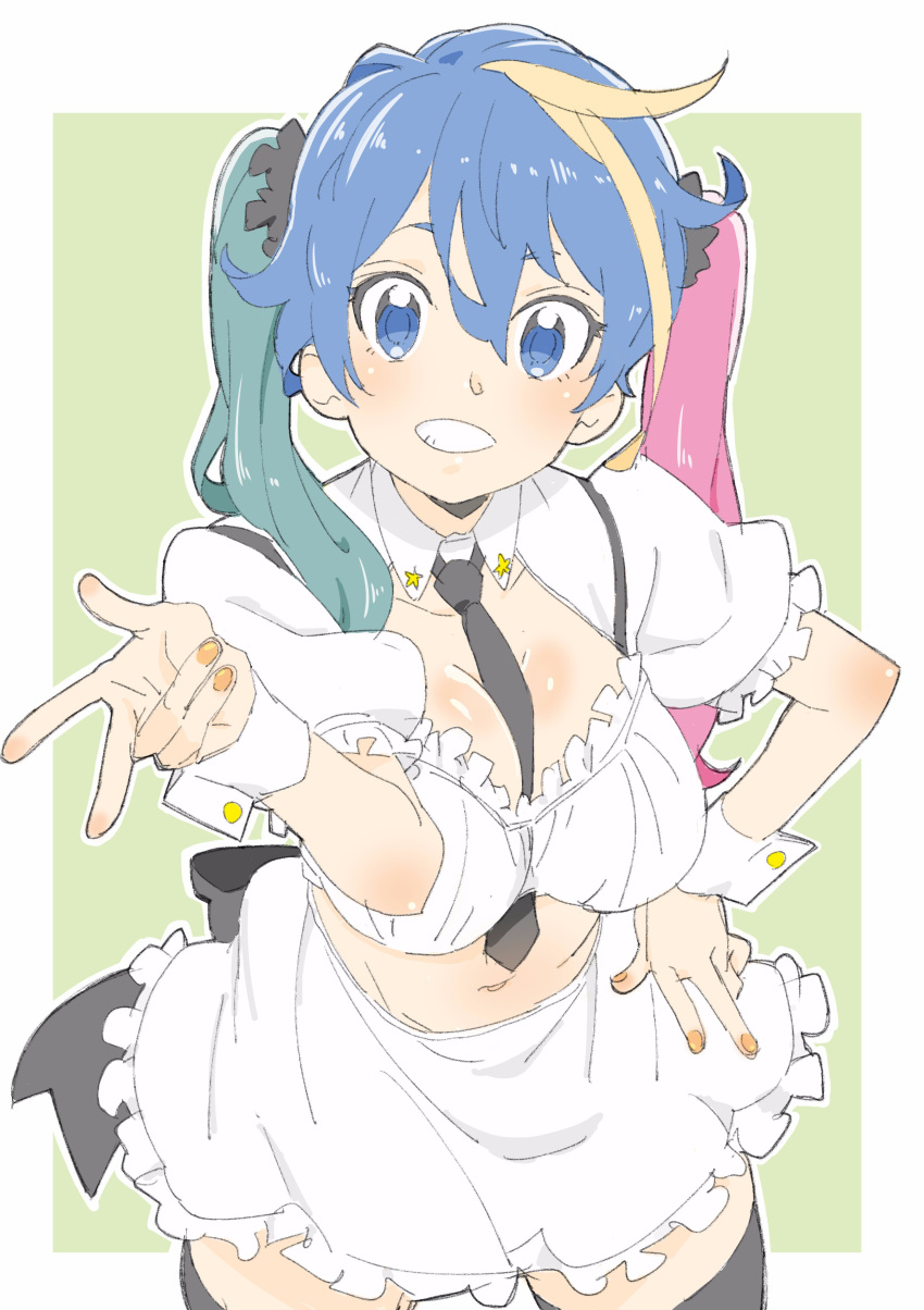 1girl :d absurdres ahoge apron bangs between_breasts black_neckwear blonde_hair blue_eyes blue_hair blush breasts cleavage_cutout cowboy_shot donguri_suzume fingernails green_background green_hair hair_between_eyes hand_on_hip highres large_breasts legs_apart maid maid_apron midriff multicolored_hair nail_polish navel necktie open_mouth orange_nails original pink_hair puffy_short_sleeves puffy_sleeves scrunchie short_sleeves simple_background smile solo standing streaked_hair thigh-highs twintails w wing_collar