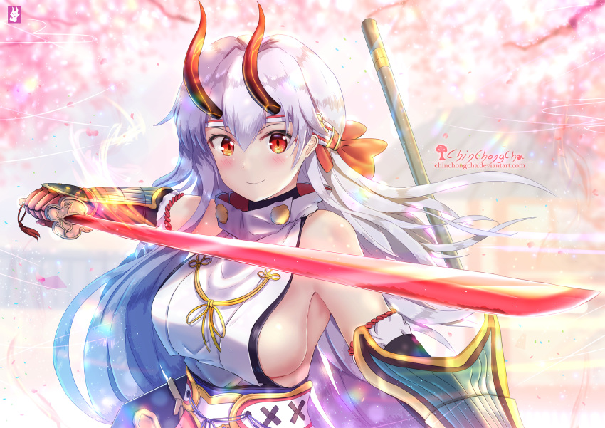 1girl armor blurry blurry_background breasts cherry_blossoms chinchongcha closed_mouth detached_sleeves fate/grand_order fate_(series) hair_between_eyes headband highres horns japanese_armor japanese_clothes large_breasts long_hair looking_at_viewer obi oni_horns red_eyes sash sideboob silver_hair smile solo sword tomoe_gozen_(fate/grand_order) weapon