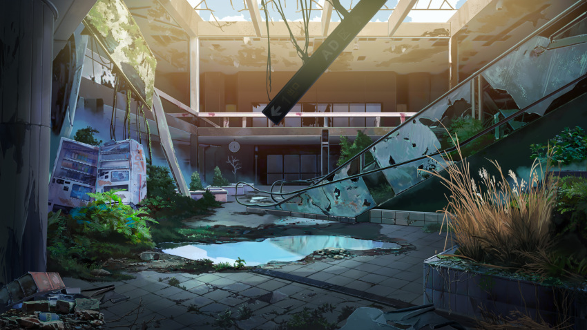 blue_sky broken escalator grass highres indoors moss no_humans original plant puddle reflection ruins scenery sky stairs vending_machine xi_chen_chen
