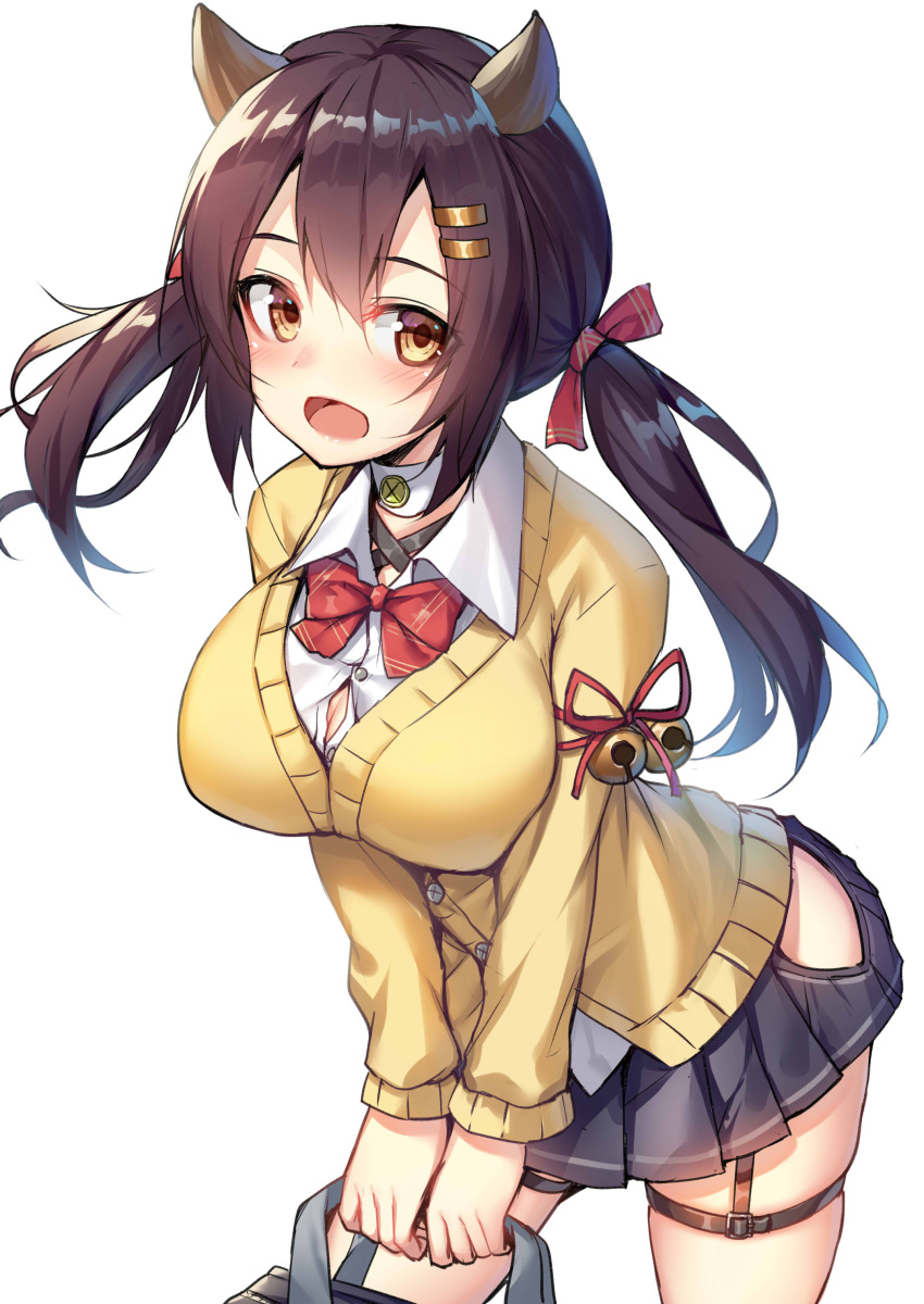 1girl :d absurdres alexmaster azur_lane bag bangs black_skirt blush breasts brown_eyes brown_hair cardigan hair_ornament hairclip highres horns large_breasts long_hair looking_at_viewer miniskirt nagara_(azur_lane) open_mouth pleated_skirt school_bag school_uniform simple_background skirt smile solo twintails white_background