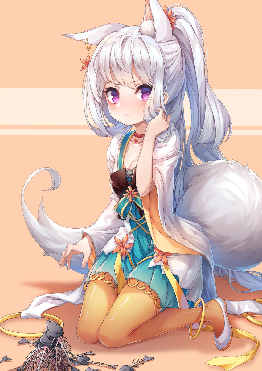 1girl absurdres animal_ears anklet aqua_dress blush breasts cardigan closed_mouth collarbone de_da_xianyu dress fish flats fox_ears fox_tail frown hand_up highres jewelry kneeling long_hair looking_at_viewer open_cardigan open_clothes orange_legwear original pantyhose petite pleated_dress ponytail shiny shiny_hair sidelocks silver_hair small_breasts solo tail v-shaped_eyebrows very_long_hair violet_eyes